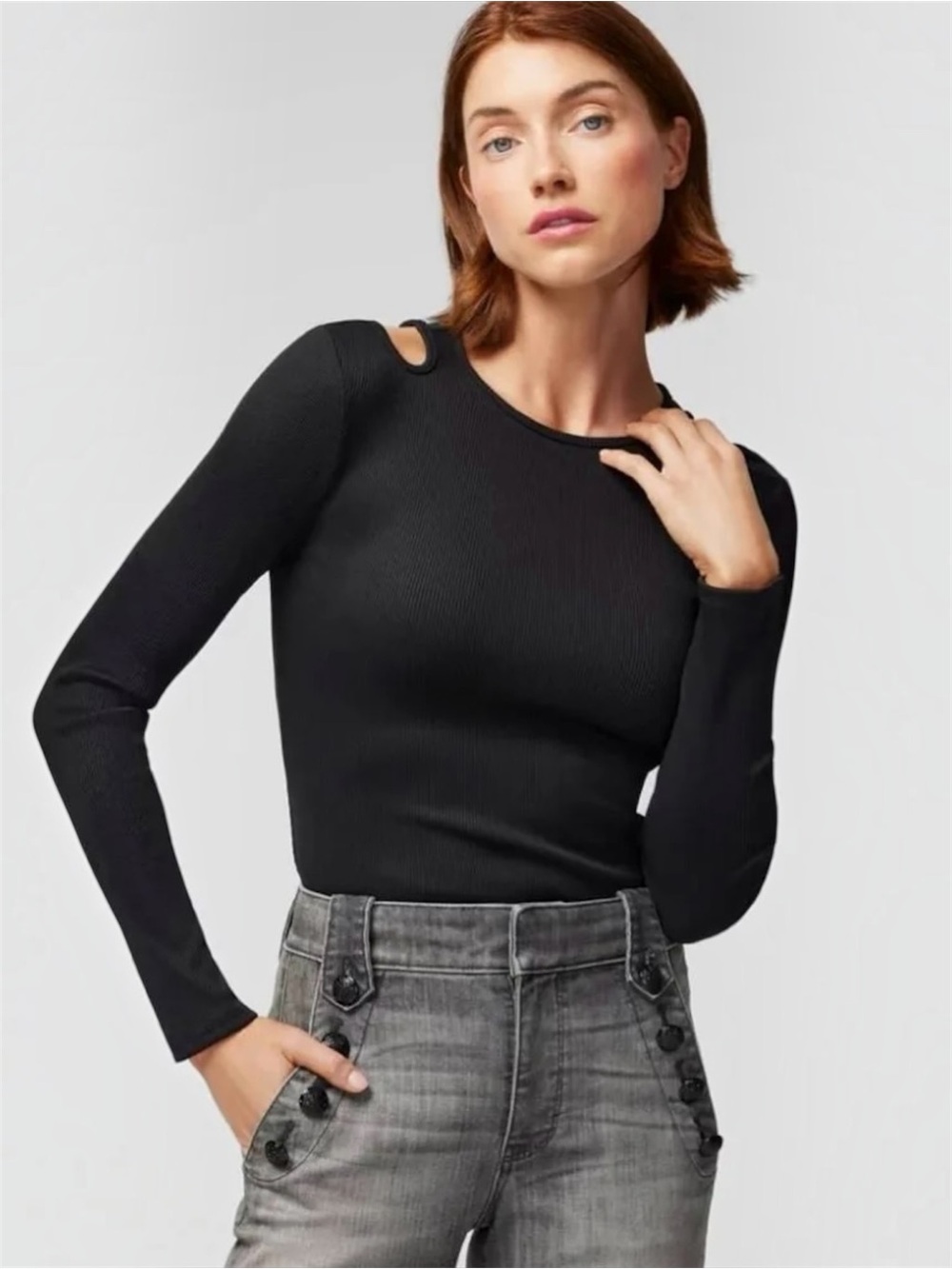 WHBM FORME Black Ribbed Cutout Long Sleeve Top Sz Small NWT